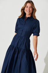 Navy Cotton Midi Shirt Dress - Fairfax Style